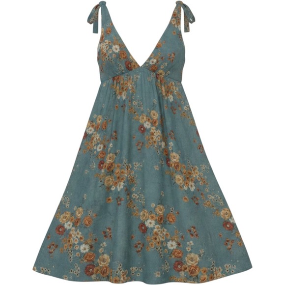 O'Neill Dresses & Skirts - ONeill Teal Floral Tie Strap V-Neck Empire Waist Mini Dress Small Sundress Boho